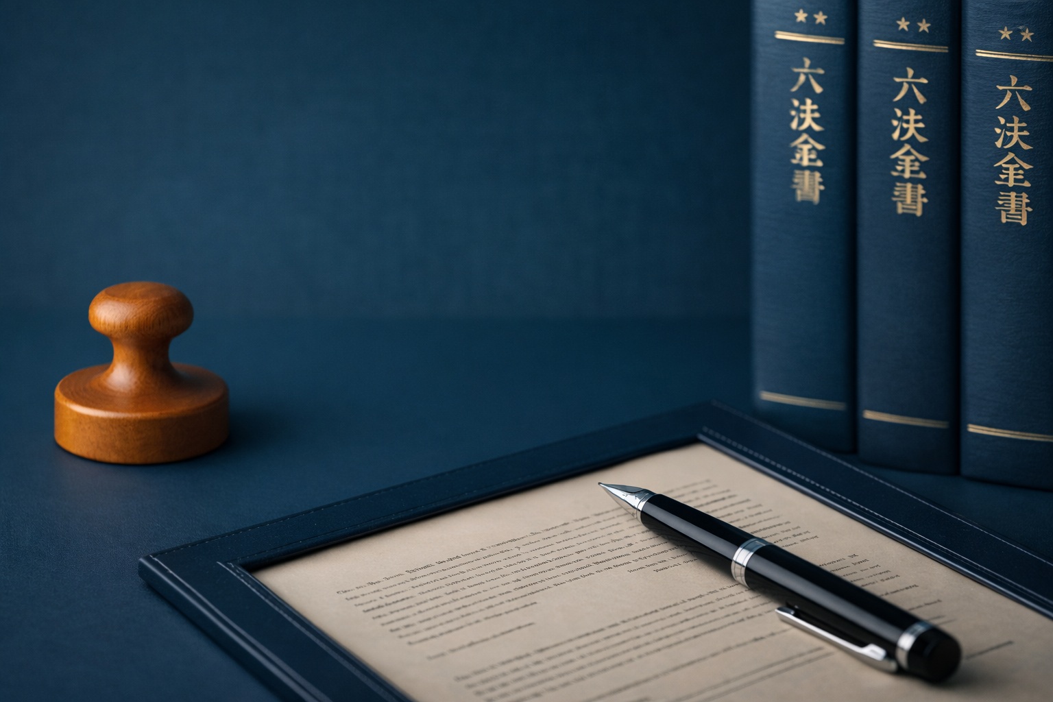 司法書士業務のイメージ（印鑑・書類・万年筆・六法）